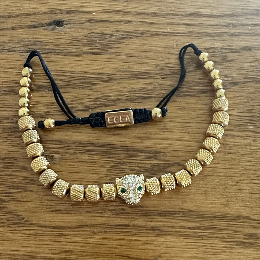 ECLA (Eye Candy LA) Gold Beaded Bracelet with Leopard Charm